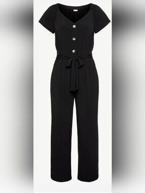 Lascana Black V-Neck Short Sleeve Jumpsuit with Waist Tie
